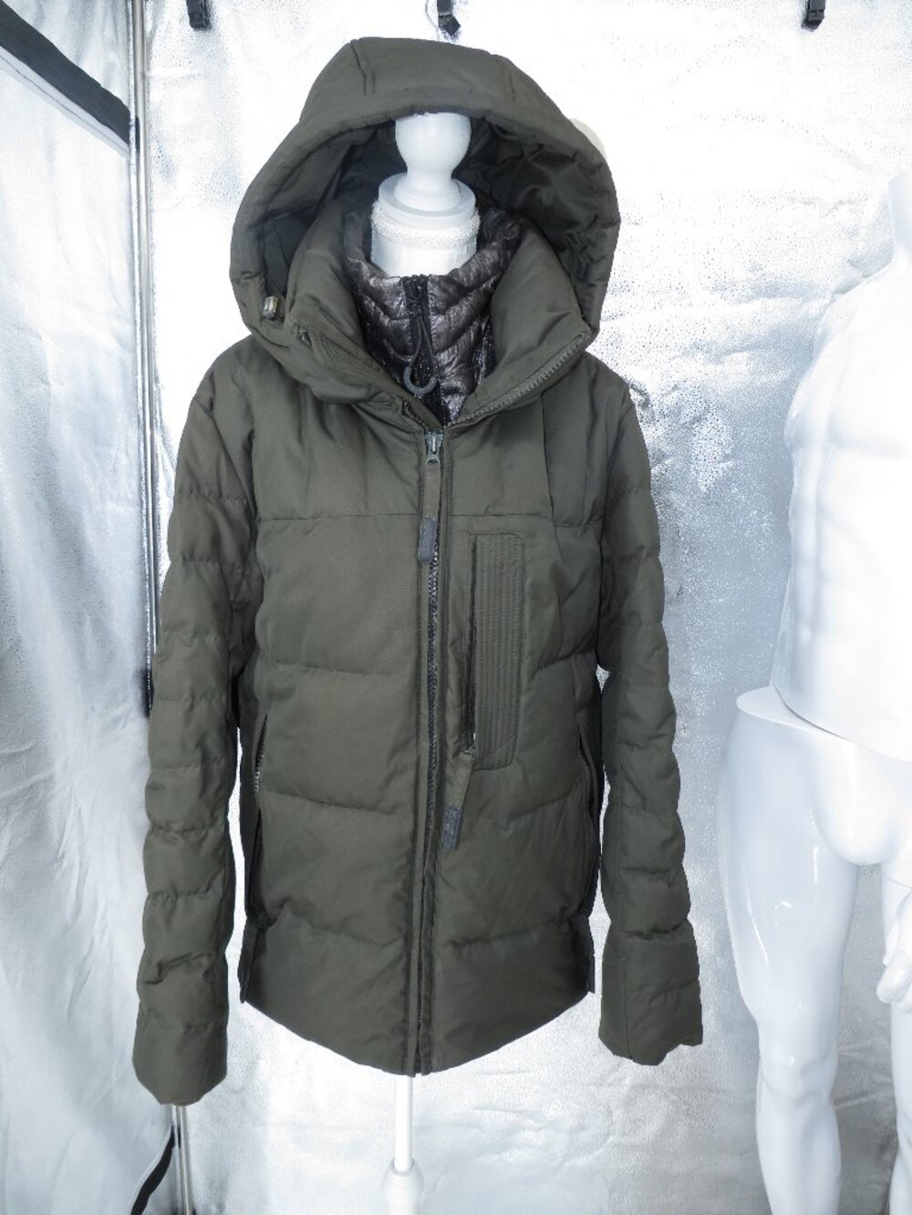 Andrew Marc Puffer Jacket Olive Green Metallic Inner Hooded Down Coat Size Small